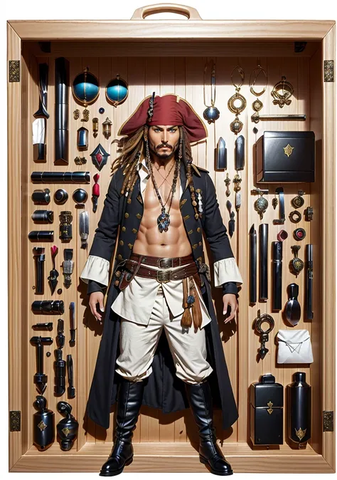 premium playset toy box, (masterpiece, best quality, ultra detailed, absurdres), (diorama:1.2), action figure box, 1boy,  man, (facial hair), 
  (inboxDollPlaySetQuiron style), the  Captain Jack Sparrow (Pirates of the Caribbean): Jack Sparrow's dreadlocked hair, tattered pirate attire, and charismatic swagger make him a fun and recognizable cosplay choice.,  tired, (toy playset pack),  
  <lora:quiron_inboxDollPlaySet_v1_lora:0.77>
