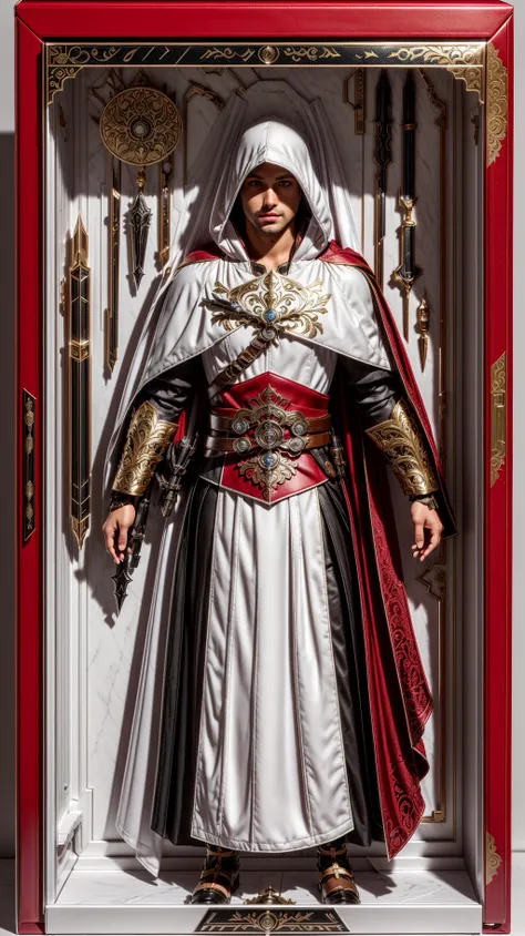 premium playset toy box, (Intricate:1.4), (masterpiece, best quality, ultra detailed, absurdres), (action figure box:1.4),
(inboxDollPlaySetQuiron style), Ezio Auditore (Assassin's Creed): Ezio's white assassin robes consist of a long-sleeved tunic with a hood, decorative patterns, and a red sash around the waist. He wears leather bracers, boots, and a brown belt with a hidden blade mechanism.,(toy playset pack),
<lora:quiron_inboxDollPlaySet_v1_lora:0.87>