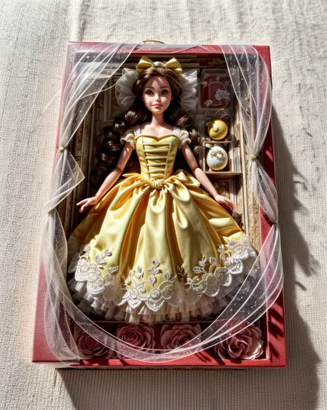 toy, doll, character print, (best quality:1.15), (masterpiece:1.15), (detailed:1.15), (realistic:1.2), Dappled Light, analog style, lightroom, (intricate:1.4), simple background,  stuffed toy, cover page, card, in a gift box,
no humans, inboxDollPlaySetQuiron style, abs, (Belle (Beauty and the Beast): Belle's yellow ball gown, rose, and love for books make her a beloved Disney princess choice for cosplayers.:1.2), gift box, playset, in a box, full body, toy playset pack, in a gift box, premium playset toy box, <lora:quiron_inboxDollPlaySet_v2_lora:0.77>