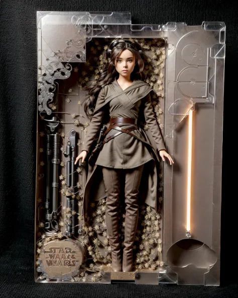 (best quality:1.15), (masterpiece:1.15), (detailed:1.15), (realistic:1.2), Dappled Light, analog style,
no humans, inboxDollPlaySetQuiron style, abs, (Rey (The Last Jedi): In her attire from The Last Jedi, Rey wears a more advanced and Jedi-like outfit. Her tunic is a muted gray with long sleeves and a high neckline. The tunic is belted with a brown leather belt, emphasizing her waistline. She wears fitted black pants and knee-high black boots with subtle designs. Rey's beige-colored outer cloak, made of textured fabric, falls to ankle-length and is fastened with a decorative clasp. Additionally, she carries a lightsaber, a powerful weapon in the Star Wars universe, indicating her connection to the Force.:1.2), gift box, playset, in a box, full body, toy playset pack, in a gift box, premium playset toy box, <lora:quiron_inboxDollPlaySet_v2_lora:1>