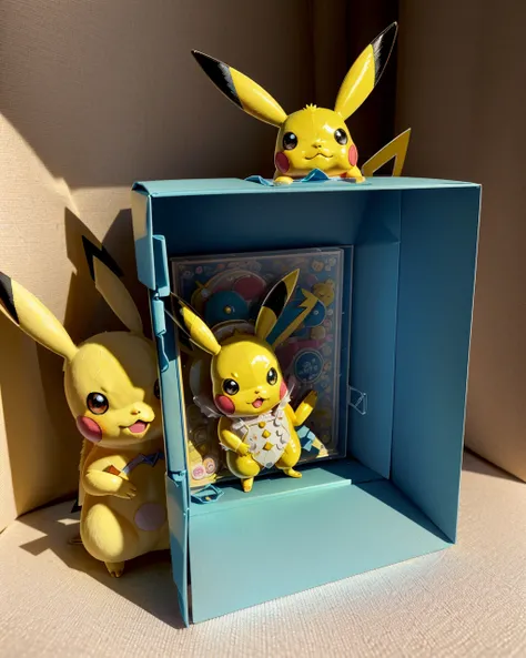 toy, doll, character print, (best quality:1.15), (masterpiece:1.15), (detailed:1.15), (realistic:1.2), Dappled Light, analog style, lightroom, (intricate:1.4), simple background, cover page, card, in a gift box,
no humans, inboxDollPlaySetQuiron style, abs, (Pikachu (Pokmon): With its yellow fur, red cheeks, and lightning bolt-shaped tail, Pikachu is a fun and recognizable character for cosplay, especially for Pokmon fans.:1.2), gift box, playset, in a box, full body, toy playset pack, in a gift box, premium playset toy box, <lora:quiron_inboxDollPlaySet_v2_lora:0.77>