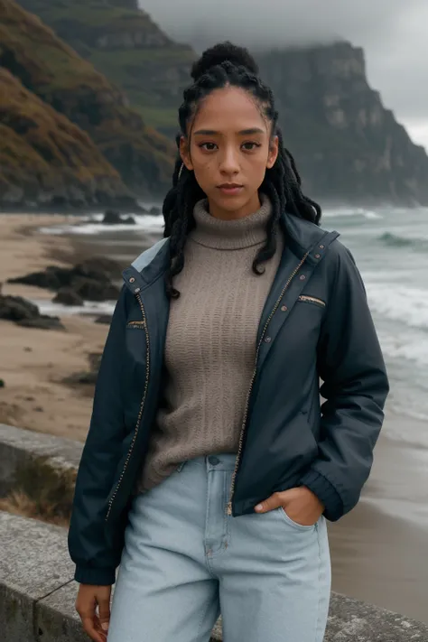 photo of woman, ekpunobi, dark hair, dark skin, half body, body, high detailed skin, skin pores, sfw, jacket, coastline, overcast weather, wind, waves, 8k uhd, dslr, soft lighting, high quality, film grain, Fujifilm XT3 <lora:AmalaEkpunobi:1>