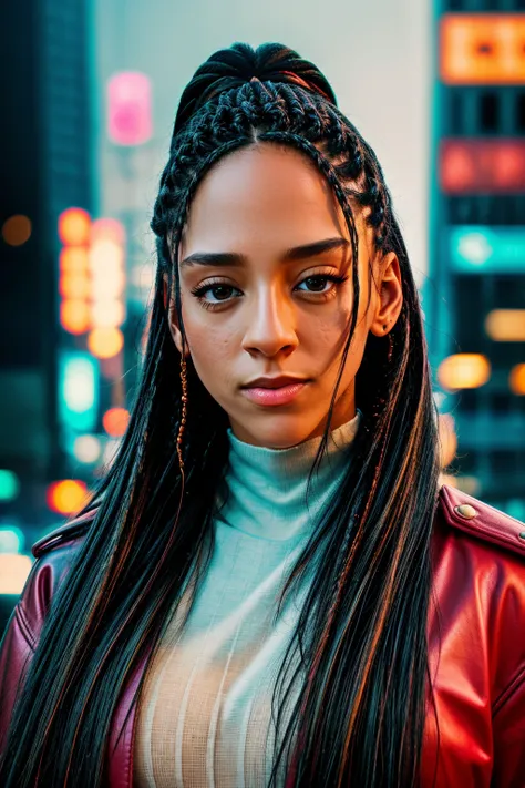(detailed face, detailed eyes, clear skin, clear eyes), woman,1girl, ekpunobi, dark hair, long hair, dark skin, brown eyes, red lipstick, full body, looking at viewer, portrait, photography, detailed skin, realistic, photo-realistic, 8k, highly detailed, full length frame, High detail RAW color art, diffused soft lighting, shallow depth of field, sharp focus, hyperrealism, cinematic lighting, cyberpunk city, neon light, cyberpunk background <lora:AmalaEkpunobi:1>