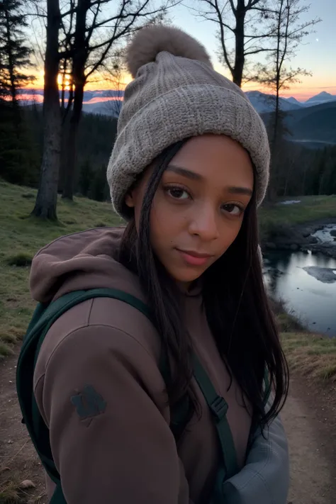 1girl, ekpunobi, dark hair, dark skin, brown eyes ,((upper body selfie, happy)), masterpiece, best quality, ultra-detailed, solo, outdoors, (night), mountains, nature, (stars, moon) cheerful, happy, backpack, sleeping bag, mountain boots, gloves, sweater, hat, flashlight, forest, rocks, river, wood, smoke, shadows, contrast, clear sky, analog style, (look at viewer:1.2), (skin texture), (film grain:1.3), (warm hue, warm tone :1.2), close up, cinematic light, sidelighting, ultra high res, best shadow, RAW, upper body, wearing pullover <lora:AmalaEkpunobi:1>