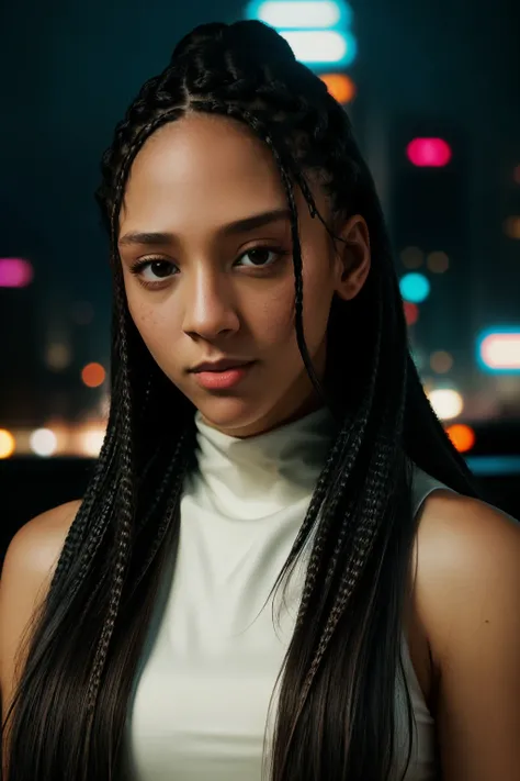 (detailed face, detailed eyes, clear skin, clear eyes), woman,1girl, ekpunobi, dark hair, long hair, dark skin, brown eyes, red lipstick, full body, looking at viewer, portrait, photography, detailed skin, realistic, photo-realistic, 8k, highly detailed, full length frame, High detail RAW color art, diffused soft lighting, shallow depth of field, sharp focus, hyperrealism, cinematic lighting, cyberpunk city, neon light, cyberpunk background <lora:AmalaEkpunobi:1>