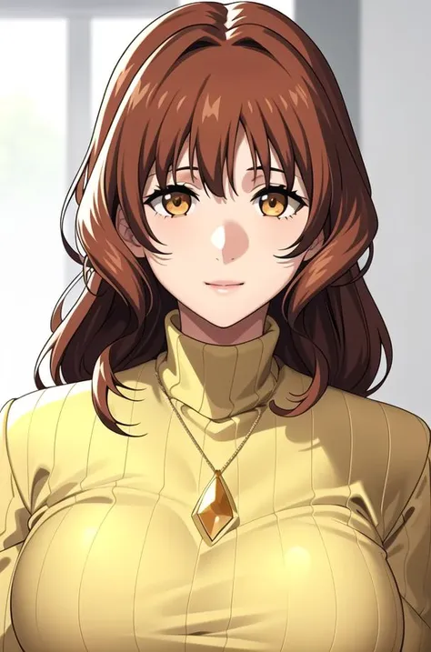 (day),Simple White Background,
Yellow turtleneck sweater,
<lora:Jinguuji_Marimo_Muv_Luv-KK77-V1:0.7>,necklace, Gem,
bangs,brown eyes, brown hair,long hair,
<lora:Mariana_Luciano_NON_VIRGIN-KK77-V1:0.1>,<lora:more_details:0.1>,
1 girl, 20yo,Young female,Beautiful Finger,Beautiful long legs,Beautiful body,Beautiful Nose,Beautiful character design, perfect eyes, perfect face,expressive eyes,perfect balance,
looking at viewer,(Focus on her face),closed mouth, (innocent_big_eyes:1.0),Light_Smile,
official art,extremely detailed CG unity 8k wallpaper, perfect lighting,Colorful, Bright_Front_face_Lighting,shiny skin, 
(masterpiece:1.0),(best_quality:1.0), ultra high res,4K,ultra-detailed,
photography, 8K, HDR, highres, absurdres:1.2, Kodak portra 400, film grain, blurry background, bokeh:1.2, lens flare, (vibrant_color:1.2),professional photograph, 
(Beautiful,large_Breasts:1.4), (beautiful_face:1.5),(narrow_waist),