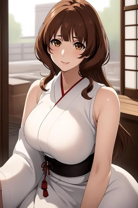 best quality,masterpiece, high res,original, beautiful detailed eyes,ultra-detailed,
1girl, solo, mature female, cowboyshot,
White kimono,japanese clothes,sleeveless,
bangs,brown eyes, brown hair,long hair,
large breasts, wide hip, mature female, seductive smile,
glamorous body, slender body,
<lora:Jinguuji_Marimo_Muv_Luv-KK77-V1:0.7>,
anmnr, <lora:anmnr01:0.2>
(beautiful_face:1.5),