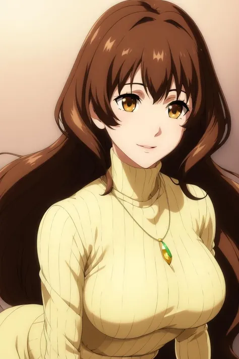 best quality,masterpiece, high res,original, beautiful detailed eyes,ultra-detailed,
1girl, solo, mature female,
Yellow turtleneck sweater,brown Long skirt, necklace, Gem,
bangs,brown eyes, brown hair,long hair,
large breasts, wide hip, mature female, seductive smile,
glamorous body, slender body,
<lora:Jinguuji_Marimo_Muv_Luv-KK77-V1:0.7>,
anmnr, <lora:anmnr01:0.2>
(beautiful_face:1.5),