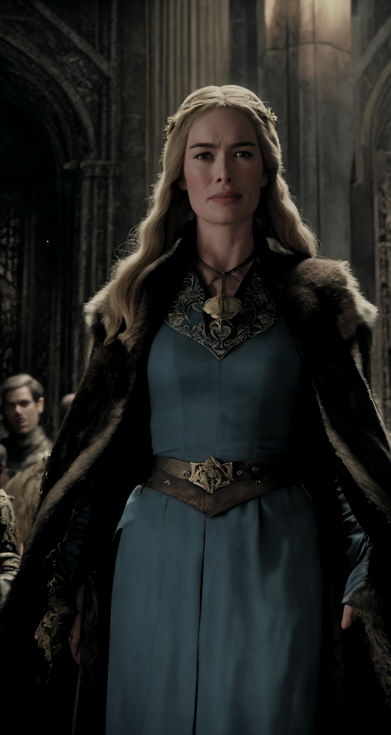 A woman in a blue dress and fur coat standing in front of a crowd ...