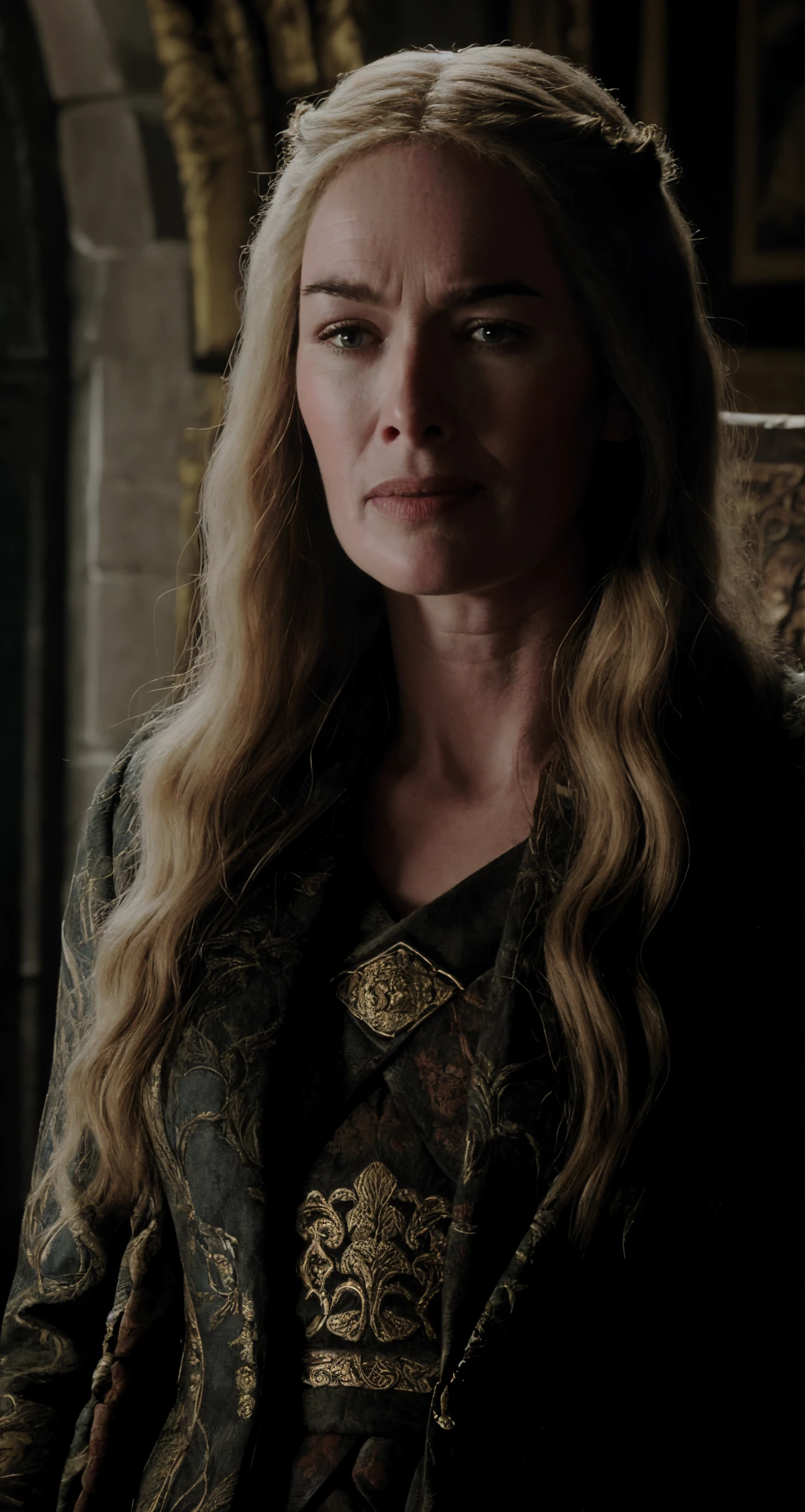 solo, prisoner, realistic, real life, looking at viewer, facing viewer,
cersei lannister , middle shot,
professional, high quality, amazing, oil painting, Thornton Oakley, Jerry Pinkney,
masterpiece, highres, 4k, detailed background, cool, (grouchy:0.8)