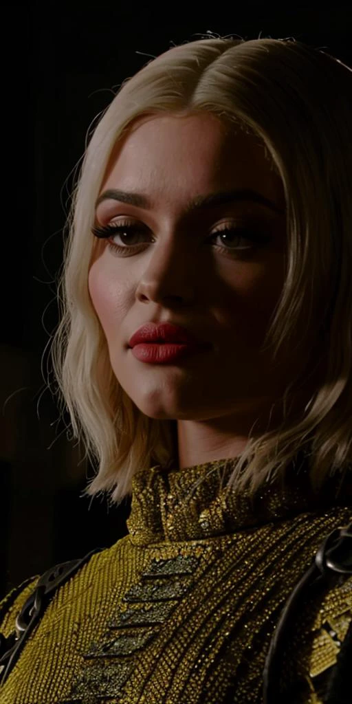 game of thrones, Mustard and DayGlo yellow details, unreal engine, Cinestill, halftone texture, Impasto, Amaro, Kylie Jenner, wearing Sergeant Kira, looking away from camera, stylized, Complex background
