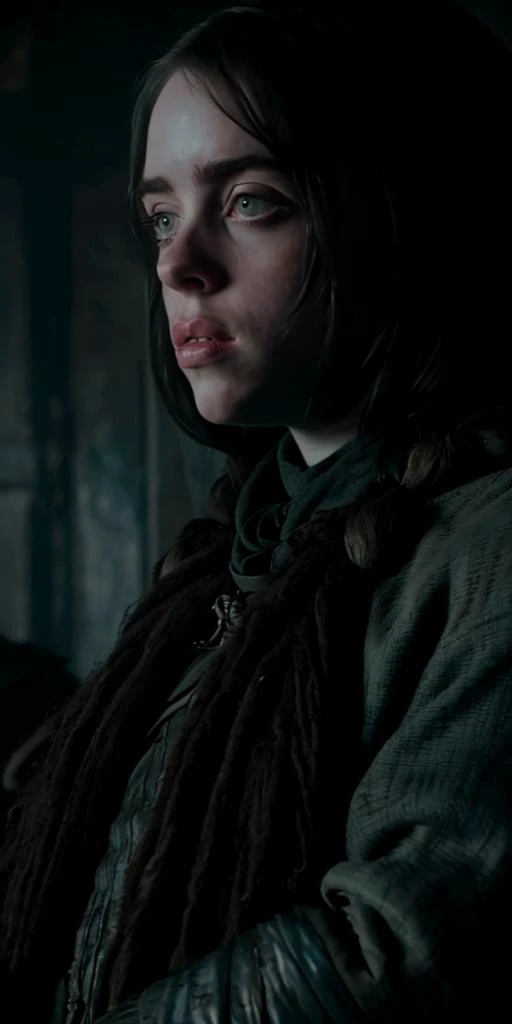game of thrones, Aesthetically Pleasing lanky Billie Eilish, torn costume, Zulu hair, Colorful color grading, Gloompunk
