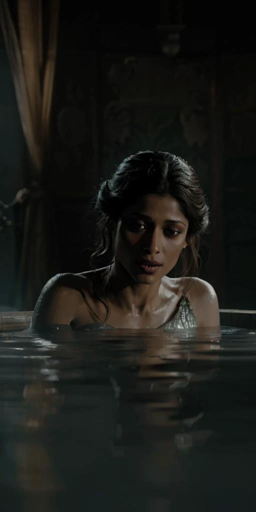 game of thrones, digital art, Japanese Freida Pinto bathing in a Heisei Era bath, artstation