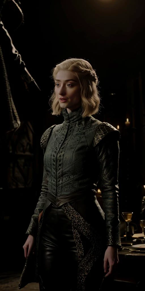 game of thrones, Elizabeth Debicki, Dreamweaver, wearing Maniacal [Lovecraftian|Algerian] Lace electric yellow Turtleneck and leather pants, F/14, studio lighting