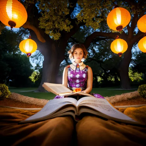 hyperrealism, natural, Shooting gallery, gems theme, kaleidoscope style <lora:kaleidoscope:0.35>
highres,  dramatic,
,Young woman in a floral sundress reading a book under the shade of a majestic oak tree in a park, floating lanterns illuminating the sky, Silver accents adorn her collar and cuffs