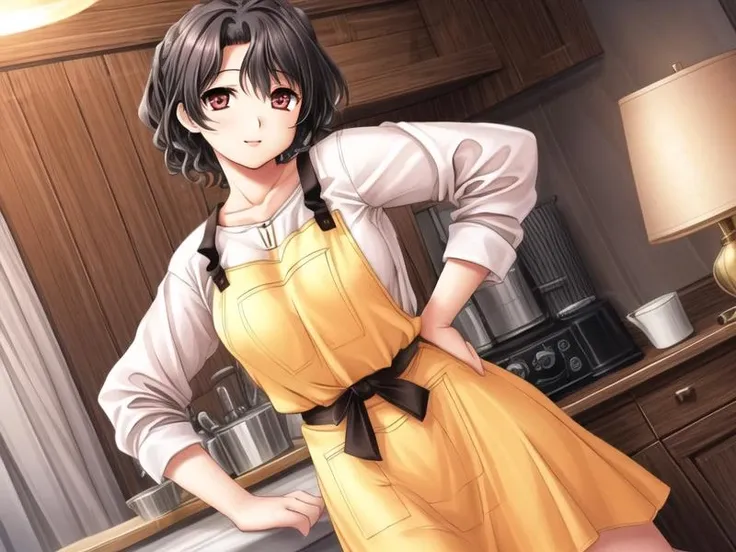 1girl,hand on hip, <lora:Yuzuhara_haruka_v1:0.8>yuzuhara_haruka, white shirt,yellow apron, black skirt, long skirt,, <lora:flatBG:-0.6> ,<lora:flat2:-0.6>,(dark light:1.2),(hyper extreme detailed),(masterpeace:0.5),(hyper extreme),(photorealistic),game cg,llustration,novel illustration,beautiful lighting,light from the front,BREAK, <lora:GoodHands-beta2:1>,(good hand,nice hands, perfect hands:1.2),five finger,