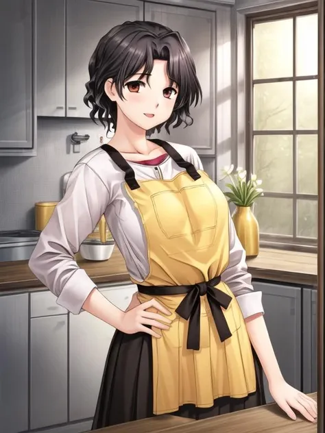 1girl,hand on hip, <lora:Yuzuhara_haruka_v1:0.8>yuzuhara_haruka, white shirt,yellow apron, black skirt, long skirt,, <lora:flatBG:-0.6> ,<lora:flat2:-0.6>,(dark light:1.2),(hyper extreme detailed),(masterpeace:0.5),(hyper extreme),(photorealistic),game cg,llustration,novel illustration,beautiful lighting,light from the front,BREAK, <lora:GoodHands-beta2:1>,(good hand,nice hands, perfect hands:1.2),five finger,