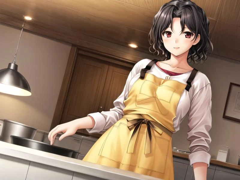 1girl,hand on hip, <lora:Yuzuhara_haruka_v1:0.8>yuzuhara_haruka, white shirt,yellow apron, black skirt, long skirt,, <lora:flatBG:-0.6> ,<lora:flat2:-0.6>,(dark light:1.2),(hyper extreme detailed),(masterpeace:0.5),(hyper extreme),(photorealistic),game cg,llustration,novel illustration,beautiful lighting,light from the front,BREAK, <lora:GoodHands-beta2:1>,(good hand,nice hands, perfect hands:1.2),five finger,
