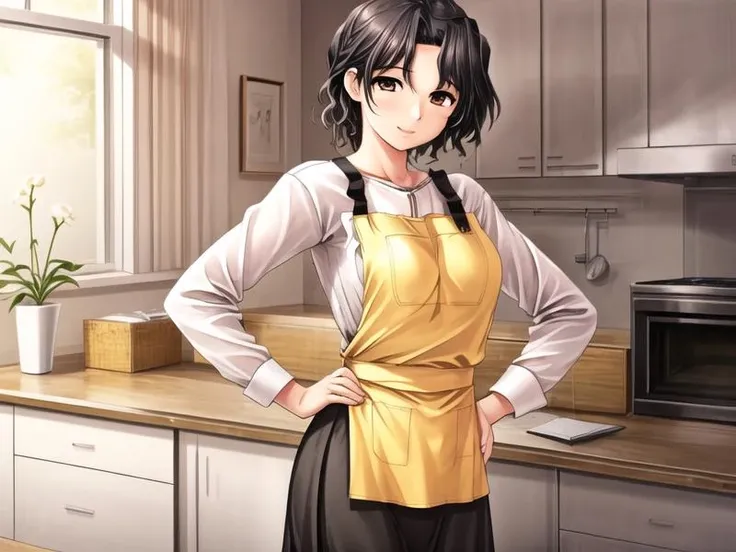 1girl,hand on hip, <lora:Yuzuhara_haruka_v1:0.8>yuzuhara_haruka, white shirt,yellow apron, black skirt, long skirt,, <lora:flatBG:-0.6> ,<lora:flat2:-0.6>,(dark light:1.2),(hyper extreme detailed),(masterpeace:0.5),(hyper extreme),(photorealistic),game cg,llustration,novel illustration,beautiful lighting,light from the front,BREAK, <lora:GoodHands-beta2:1>,(good hand,nice hands, perfect hands:1.2),five finger,