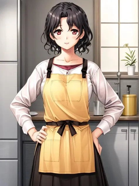 1girl,hand on hip, <lora:Yuzuhara_haruka_v1:0.8>yuzuhara_haruka, white shirt,yellow apron, black skirt, long skirt,, <lora:flatBG:-0.6> ,<lora:flat2:-0.6>,(dark light:1.2),(hyper extreme detailed),(masterpeace:0.5),(hyper extreme),(photorealistic),game cg,llustration,novel illustration,beautiful lighting,light from the front,BREAK, <lora:GoodHands-beta2:1>,(good hand,nice hands, perfect hands:1.2),five finger,