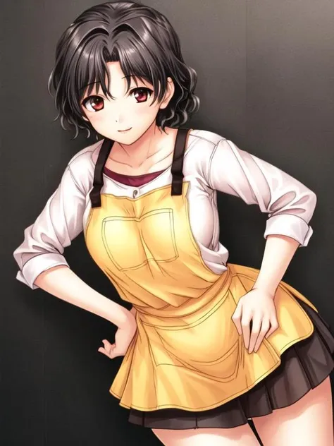 1girl,hand on hip, <lora:Yuzuhara_haruka_v1:0.8>yuzuhara_haruka, white shirt,yellow apron, black skirt, long skirt,, <lora:flatBG:-0.6> ,<lora:flat2:-0.6>,(dark light:1.2),(hyper extreme detailed),(masterpeace:0.5),(hyper extreme),(photorealistic),game cg,llustration,novel illustration,beautiful lighting,light from the front,BREAK, <lora:GoodHands-beta2:1>,(good hand,nice hands, perfect hands:1.2),five finger,