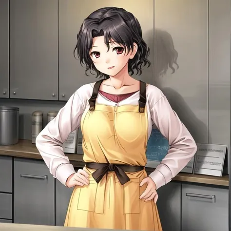 1girl,hand on hip, <lora:Yuzuhara_haruka_v1:0.8>yuzuhara_haruka, white shirt,yellow apron, black skirt, long skirt,, <lora:flatBG:-0.6> ,<lora:flat2:-0.6>,(dark light:1.2),(hyper extreme detailed),(masterpeace:0.5),(hyper extreme),(photorealistic),game cg,llustration,novel illustration,beautiful lighting,light from the front,BREAK, <lora:GoodHands-beta2:1>,(good hand,nice hands, perfect hands:1.2),five finger,