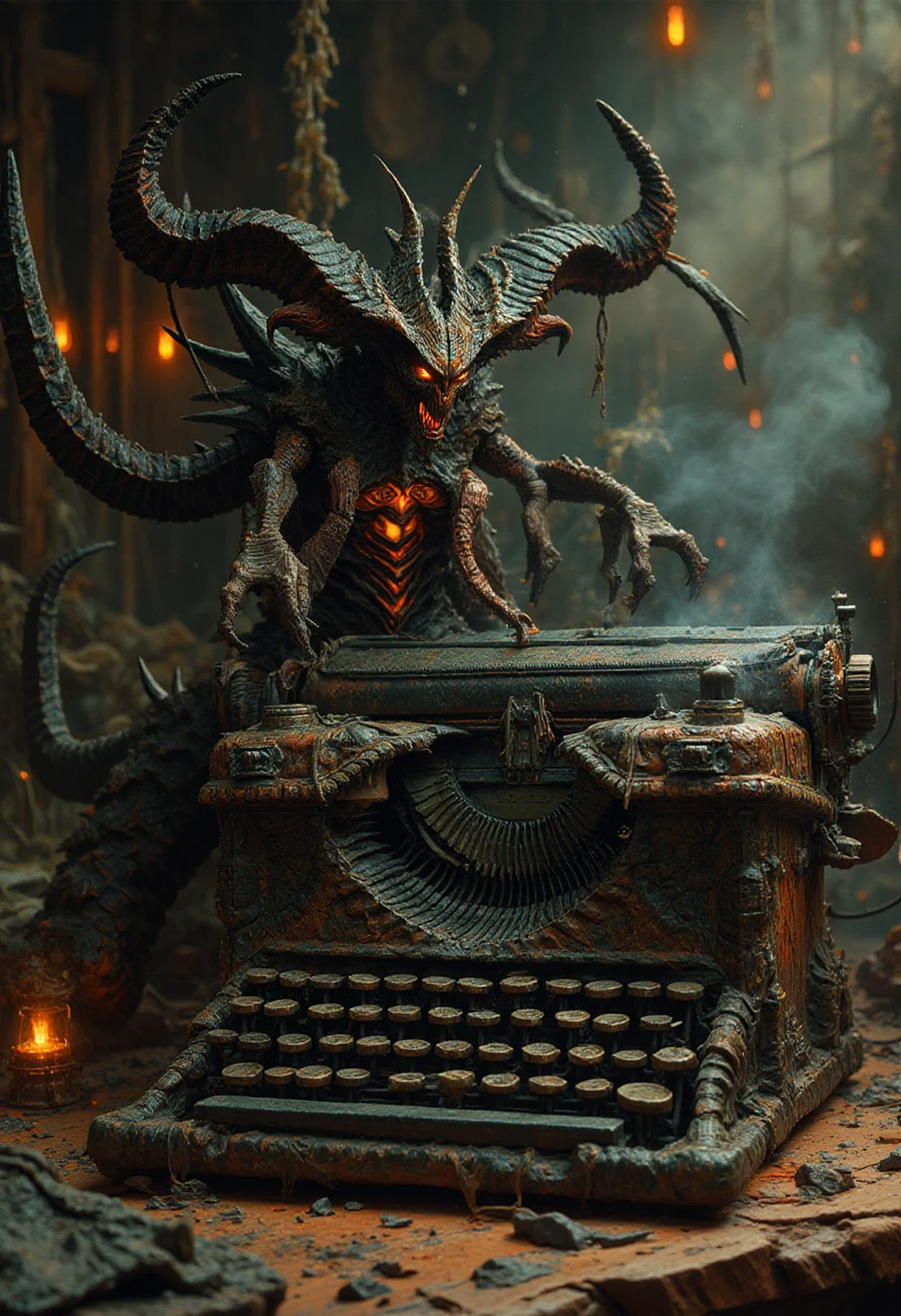diablobylaushine a typewriter created by demon, placed on a dirty table