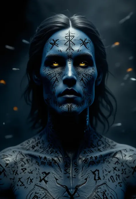 Close-up portrait of Nightcrawler from X-Men, his demonic yellow eyes glowing faintly. His blue skin is adorned with intricate, black demonic runes etched across his face and neck. The lighting casts dramatic shadows, emphasizing his angular features and the textures of his skin and runes. The background is dark, with swirling mist and hints of mystical energy in the air, evoking a sense of the supernatural.