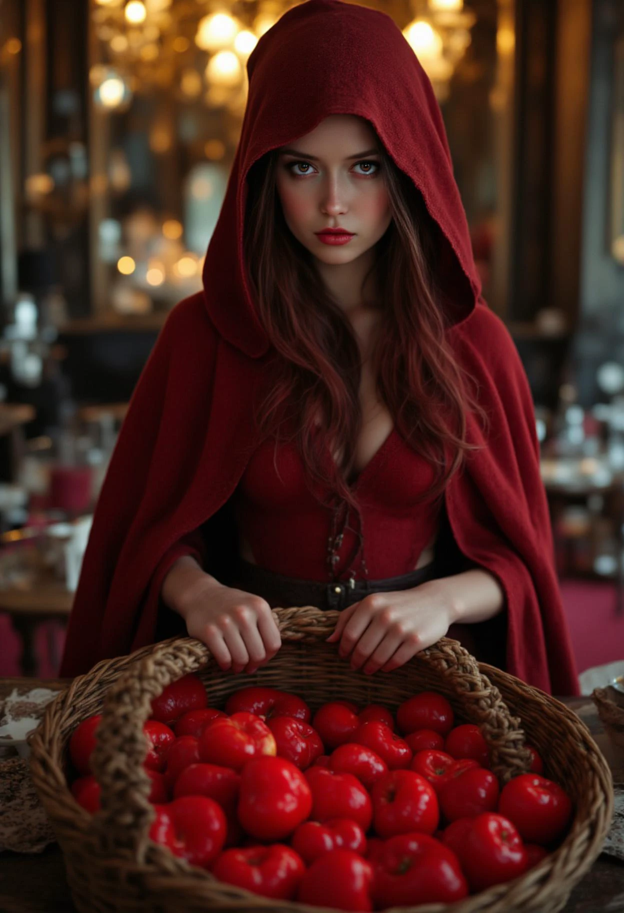 aidmafluxpro1.1 summer glau dressed as little red riding hood holds a wicker basket full of pulsating hearts. A devilish but sensual grin pervades her face