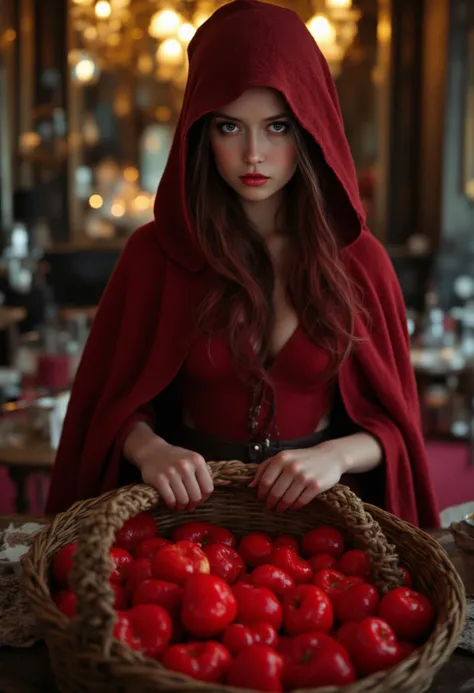 aidmafluxpro1.1  summer glau dressed as little red riding hood holds a wicker basket full of pulsating hearts. A devilish but sensual grin pervades her face