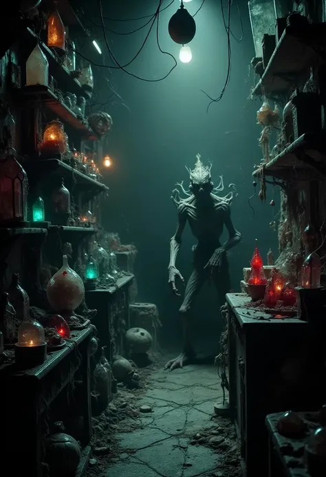 The scene is set in a dimly lit crystal shop, where the light is soft and diffuse, but it barely penetrates the dense atmosphere of the place. Crystal objects of various shapes and sizes are displayed on shelves and hanging from the ceiling, but instead of their usual serene and calming glow, they pulse with a malevolent energy. The aura of each crystal is dark, swirling with shadowy tendrils of smoke, and an unnatural red or sickly green glow emanates from deep within their cores. In the far corner, a grotesque demonic creature lurksâits form barely visible at first, blending in with the shadows and reflective surfaces. Its body is twisted and grotesque, with sharp, jagged features. Its eyes glow with a hellish light, and its claws are curled menacingly around a shard of crystal, absorbing its dark energy. The shop is oppressive, filled with an unnatural dread as if the very air is heavy with evil intent.