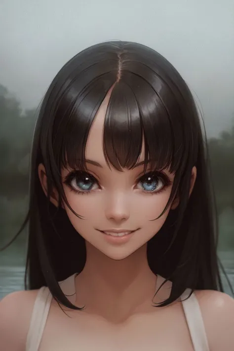 portrait, solo, 1girl, looking ahead, smile, foggy atmosphere, water <lora:endou_okito_style_v01:1>