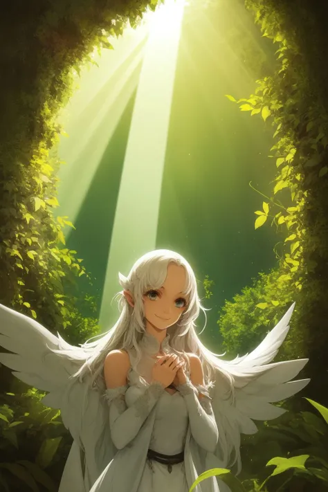 portrait, solo, 1girl, looking afar, smile, god rays, An enchanted forest where magical creatures and plants abound <lora:endou_okito_style_v01:1>