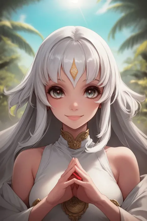portrait, solo, 1girl, looking away, smile, glttering light, Shambhala: A hidden paradise where enlightened beings live in perfect harmony <lora:endou_okito_style_v01:1>