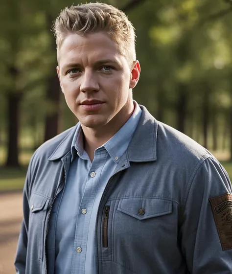 arafed man in a blue shirt and brown jacket standing in a park