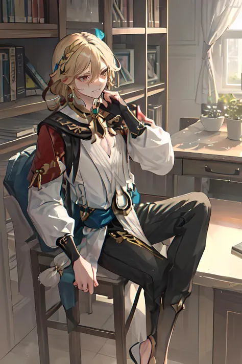masterpiece, best quality,solo,1boy,hair ornament, jewelry,feather hair ornament, blonde hair, <lora:kaveh:1>