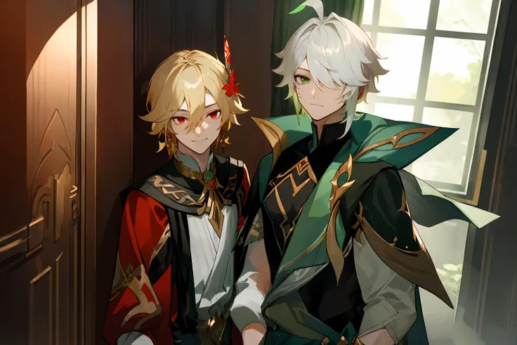 masterpiece, best quality, extremely detailed CG 8k wallpaper, {2boys, hand in hand}
AND masterpiece, best quality, extremely detailed CG 8k wallpaper, 2boys, hand in hand, blonde hair, red eyes, hair ornament, jewelry, smile, <lora:kaveh:0.5>
AND masterpiece, best quality, extremely detailed CG 8k wallpaper, 2boys, hand in hand, white hair, green eyes, alhaitham\(genshin impact\), bulge, ahoge, shirt, green cape, hair over one eye, bangs, <lora:alhaitham:0.5>
