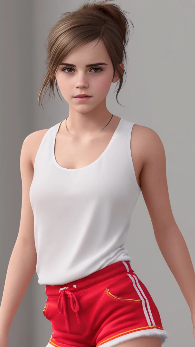 (AS-YoungerV2:1.3), ((emwatz69, accurate face)), 1girl, Emma Watson, queen, pony tail hair, ((full body photo)), photo realistic, high quality, 8k, white tanktop, white shorts,