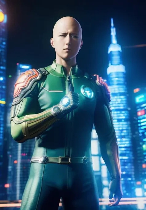 (((masterpiece)), (((highly detailed))), rtx, (photorealistic) illustration of [one punch man], muscles, in a futuristic city with neon lights, skyscraper,  8k, lens flares, unreal engine 5 render, ue5, tight fist<lora:Matthias:1.0>