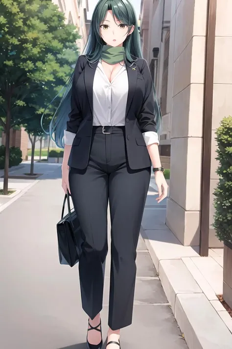 ((masterpiece)),((best quality)),ultra-detailed,illustratio,Explicit,Beautiful body,Beautiful Nose,Beautiful character design,perfect eyes,perfect face,wallpaper,ultra highres,4K,photography,(Beautiful,large breasts:1.2),(beautiful face:1.2),(beautiful legs,perfect legs),shiny skin,official style,official art,sanime screencap,anime coloring,
Joudohama Kana,1girl,solo,long hair,mature female,green hair,brown eyes,Professional Workplace Attire, Suit jacket, High-waisted wide-leg pants, White blouse, Leather tote bag, Classic high heels, Tie, Watch, Wool scarf, Coat, Blazer,outdoor,fashion,product girl,random outfit,rich expression,changeable expression,<lora:Joudohama Kana2:0.7>