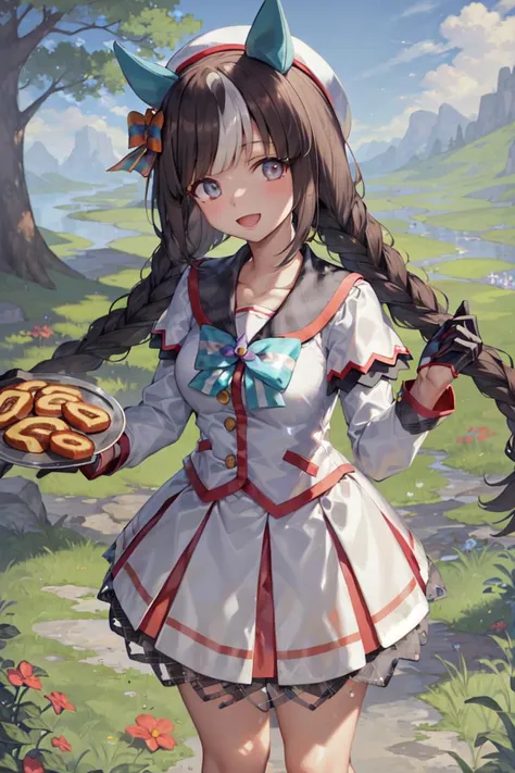 masterpiece, best quality,
hukko tarumae \(umamusume\),
arm up, open mouth, smile, standing, holding tray, pancake, swish rolls,
sailor collar, collarbone, white jacket, half gloves, mismatched gloves, black gloves, white gloves, long sleeves, bow, white skirt, white socks, shoes, sneakers
 <lora:hukko_tarumae_lora:0.8>