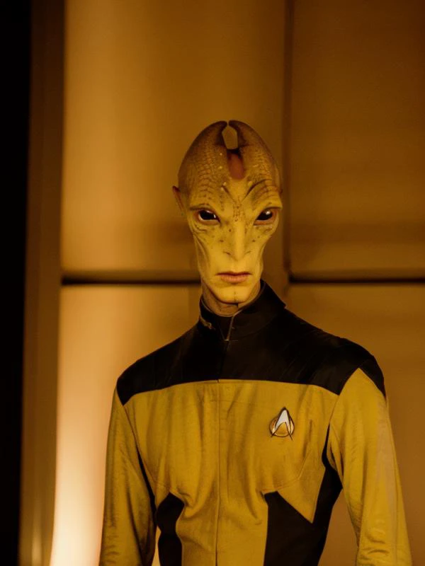 (salarian)+, alien, male, (best quality:1.5), highly detailed, (perfectly drawn face three radiant eyes), masterpiece, dramatic photo, (full body showing, far shot), realistic, RAW photo, amateur, masterpiece, 3d, cinematic lighting, <lora:salarian:0.8> salarian <lora:STNGV3new:0.8> yellow uniform, mordin solus, mass effect