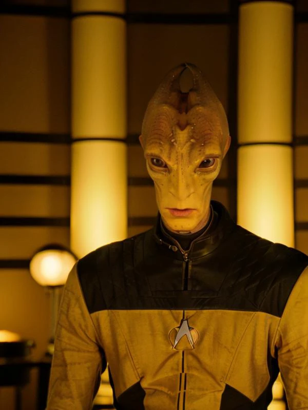 (salarian)+, alien, male, (best quality:1.5), highly detailed, (perfectly drawn face three radiant eyes), masterpiece, dramatic photo, (full body showing, far shot), realistic, RAW photo, amateur, masterpiece, 3d, cinematic lighting, <lora:salarian:0.8> salarian <lora:STNGV3new:0.6> yellow uniform, mordin solus, mass effect