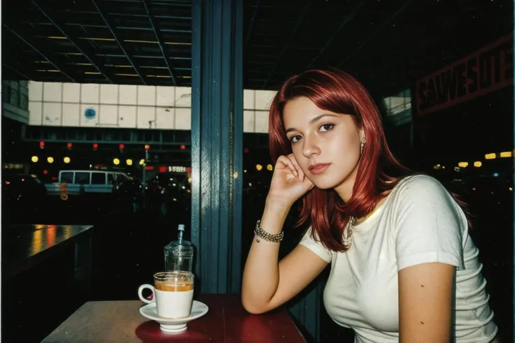 analog style, a young woman sitting in a cafe by RaveSceneNineties <lora:RaveSceneNineties-000007:0.9>, film grain
