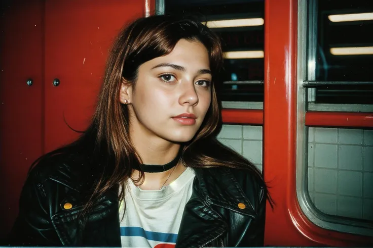 analog style, a young woman sitting on a bus by RaveSceneNineties <lora:RaveSceneNineties-000007:0.9>, film grain