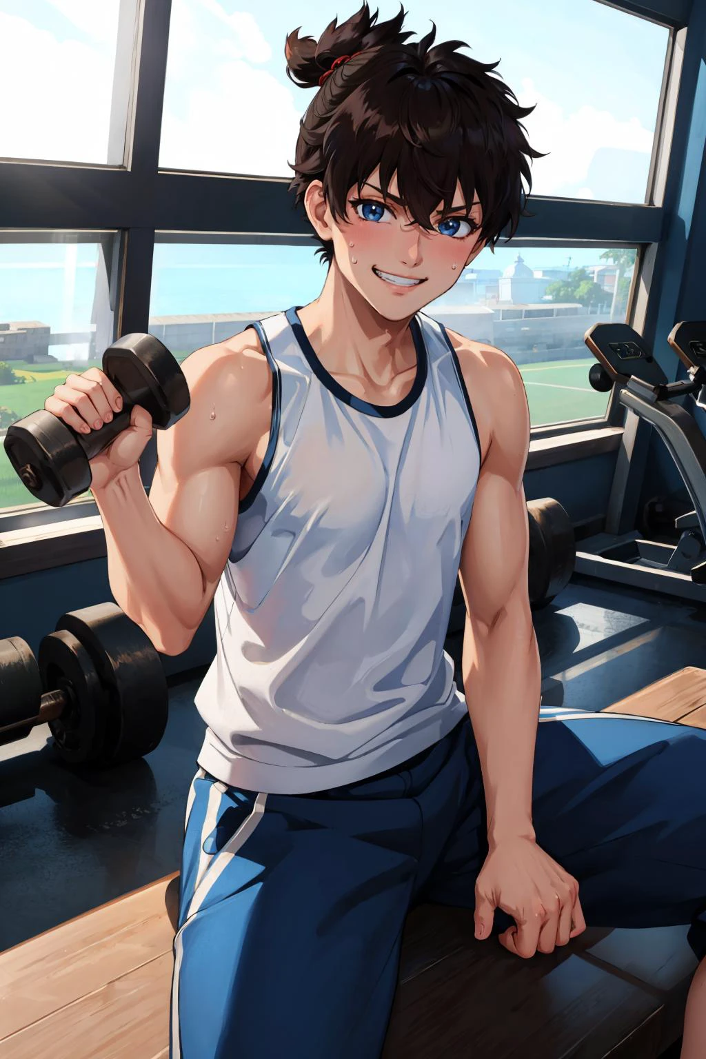masterpiece, best quality, <lora:miyamotoiori-nvwls-v1-000009:0.9> miyamoto iori, white tank top, toned, sweat, track pants, sitting, looking at viewer, gym, dumbbells, grin