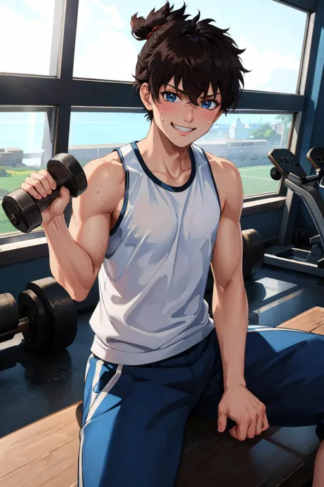 masterpiece, best quality,  <lora:miyamotoiori-nvwls-v1-000009:0.9> miyamoto iori, white tank top, toned, sweat, track pants, sitting, looking at viewer, gym, dumbbells, grin