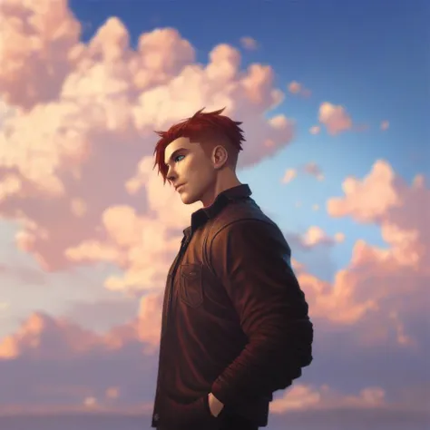 rpskxzt, 1boy, blue sky, green eyes, red hair, cloud, cloudy sky, hand in pocket, male focus, outdoors, sky, solo, from the side, score_9, score_8_up, score_7_up, score_6_up, score_5_up, score_4_up