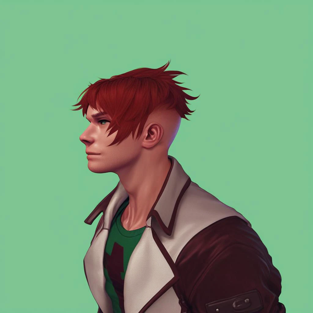 rpskxzt, solo, red hair, green background, 1boy, male focus, simple background,  upper body, jacket, short hair, score_9, score_8_up, score_7_up, score_6_up, score_5_up, score_4_up