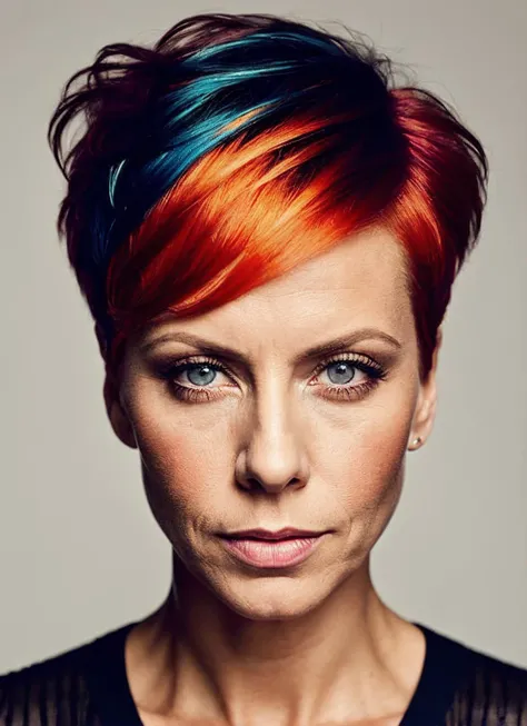 portrait of sks woman by Flora Borsi, style by Flora Borsi, bold, bright colours, orange Mohawk haircut, ((Flora Borsi)), <lora:lora_anita_v4_from_v4_160:1>